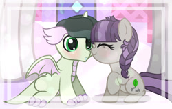 Size: 1280x810 | Tagged: safe, artist:crystalmoon101, artist:diamondloveda, maud pie, rarity, oc, oc:emerald, oc:sylvia, dracony, earth pony, hybrid, pony, unicorn, g4, base used, blushing, duo focus, eyes closed, female, filly, foal, interspecies offspring, nuzzling, offscreen character, offspring, parent:maud pie, parent:mud briar, parent:rarity, parent:spike, parents:maudbriar, parents:sparity