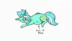 Size: 3600x2078 | Tagged: safe, artist:opalacorn, lyra heartstrings, pony, unicorn, bloated, female, full of pilk, lying down, mare, meme, pilk, prone, simple background, solo, sploot, white background