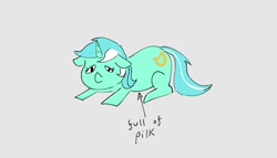 Size: 1684x964 | Tagged: safe, artist:another_pony, lyra heartstrings, pony, unicorn, female, full of pilk, gray background, lying down, mare, meme, pilk, prone, simple background, solo