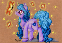 Size: 4919x3408 | Tagged: safe, artist:julunis14, izzy moonbow, butterfly, pony, unicorn, g5, bracelet, chest fluff, colored pencil drawing, cute, ear fluff, female, izzybetes, jewelry, mare, solo, traditional art, unshorn fetlocks