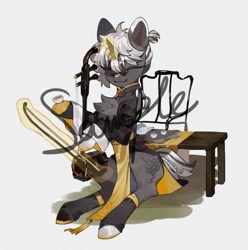 Size: 731x736 | Tagged: safe, artist:puzi, oc, oc only, pony, unicorn, chest fluff, clothes, cup, drink, eyes closed, glasses, horn, jinghu, magic, magic aura, musical instrument, sample, simple background, solo, table, teapot, telekinesis, watermark