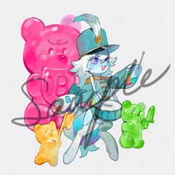 Size: 735x738 | Tagged: safe, artist:puzi, oc, oc only, earth pony, pony, clothes, drums, food, gummy bears, musical instrument, open mouth, sample, simple background, solo, sword, watermark, weapon