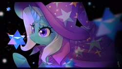 Size: 2048x1152 | Tagged: safe, artist:hosikawa, trixie, pony, unicorn, g4, cape, clothes, eyelashes, female, hat, horn, mare, solo, stars, trixie's cape, trixie's hat, underhoof