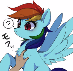 Size: 1907x1853 | Tagged: safe, artist:hosikawa, rainbow dash, human, pegasus, pony, g4, chest fluff, cute, dashabetes, eyebrows, eyebrows visible through hair, female, grope, hand, human on pony petting, japanese, mare, petting, question mark, simple background, solo focus, spread wings, translation request, white background, wings