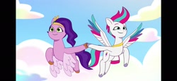 Size: 2340x1080 | Tagged: safe, screencap, pipp petals, zipp storm, pegasus, pony, g5, my little pony: tell your tale, sisters take flight, spoiler:my little pony: tell your tale, spoiler:tyts01e03, black bars, duo, female, flying, mare, pillarboxing, royal sisters (g5), siblings, sisters