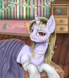 Size: 1311x1467 | Tagged: safe, artist:77jessieponygames77, oc, oc only, pony, unicorn, choker, clothes, ear piercing, earring, female, jewelry, mare, outdoors, piercing, smiling, socks, solo, string lights