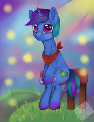 Size: 1392x1800 | Tagged: safe, artist:77jessieponygames77, oc, oc only, pony, unicorn, horn, male, neckerchief, outdoors, sitting, solo, stallion, unicorn oc