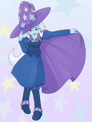 Size: 1668x2224 | Tagged: safe, artist:batipin, trixie, equestria girls, boots, cape, clothes, female, hairpin, hat, shoes, solo, trixie's cape, trixie's hat