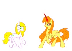 Size: 905x640 | Tagged: safe, artist:morrowind, earth pony, pony, unicorn, colored pupils, duo, duo female, female, full body, hooves, horn, hoshiguma yuugi, long horn, mare, mizuhashi parsee, orange mane, orange tail, ponified, raised hoof, simple background, smiling, standing, tail, touhou, white background, yellow mane, yellow tail