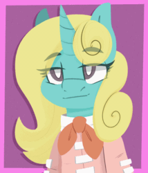 Size: 1200x1400 | Tagged: safe, artist:modularpon, oc, oc only, pony, unicorn, abstract background, animated, blinking, clothes, eye clipping through hair, eyebrows, eyebrows visible through hair, gif, grin, horn, lidded eyes, loop, smiling, solo, unicorn oc