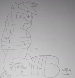 Size: 1741x1804 | Tagged: safe, artist:cardshark777, rainbow dash, pegasus, pony, g4, arm behind back, bondage, duct tape, female, gag, helpless, hooves behind back, kidnapped, looking at you, monochrome, rainbow dash is not amused, simple background, sitting, solo, tape, tape bondage, tape gag, unamused, unpleased