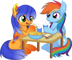 Size: 8094x6789 | Tagged: safe, artist:cyanlightning, rainbow dash, oc, oc:solar aura, pegasus, pony, g4, .svg available, absurd resolution, chips, commissioner:solar aura, drink, drinking, duo, ear fluff, eating, female, food, hoof hold, mare, sandwich, simple background, sitting, soda, transparent background, vector