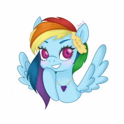 Size: 1600x1600 | Tagged: safe, artist:zhangwenwen, rainbow dash, pegasus, pony, g4, blushing, bust, looking at you, simple background, smiling, smiling at you, spread wings, white background, wings