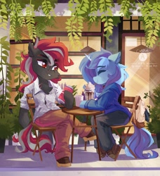 Size: 3731x4096 | Tagged: safe, artist:saxopi, oc, oc only, oc:conicaw, oc:crimson fist, earth pony, pony, unicorn, semi-anthro, arm hooves, bag, brown eyes, cafe, cheek fluff, chest fluff, clothes, colored pupils, commission, drink, drinking, drinking straw, duo, duo male, earth pony oc, eyebrows, eyebrows visible through hair, eyelashes, eyes closed, high res, hoof shoes, horn, looking at someone, male, milkshake, outdoors, pants, scar, shirt, sitting, smiling, stallion, tail, two toned mane, two toned tail, unicorn oc