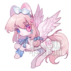 Size: 2000x2000 | Tagged: safe, artist:puzi, oc, oc only, pegasus, pony, chest fluff, chinese, female, heart, high res, looking at you, mare, ribbon, simple background, solo, watermark, white background, wings