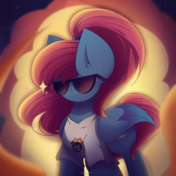 Size: 2600x2600 | Tagged: safe, artist:miryelis, oc, oc only, oc:rainven wep, pegasus, pony, clothes, crossover, fire, glasses, high res, looking at you, ponytail, serious sam, smiling, smiling at you, solo, sunglasses, wings