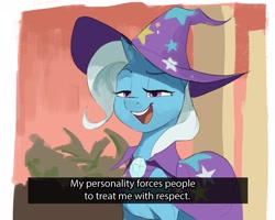 Size: 2433x1946 | Tagged: safe, artist:cadillac-dynamite, trixie, pony, unicorn, blatant lies, brooch, cape, clothes, female, hat, jewelry, lidded eyes, mare, meme, memri tv, open mouth, open smile, ponified, ponified meme, smiling, smug, solo, subtitles, trixie's brooch, trixie's cape, trixie's hat