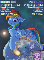 Size: 1600x2200 | Tagged: safe, artist:ravistdash, pipp petals, rainbow dash, pegasus, pony, g5, chest fluff, destruction, duo, ear fluff, earth, female, floppy ears, giant rainbow dash, growth drive, headband, hoofprints, macro, mare, ocean, pipp is short, pony bigger than a planet, size difference, smiling, smirk, some mares just want to watch the world burn, text, water