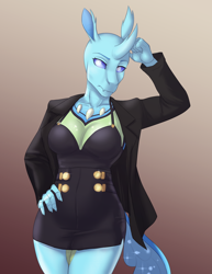 Size: 2550x3300 | Tagged: safe, artist:askbubblelee, oc, oc only, oc:imago, changedling, changeling, anthro, alternate universe, anthro oc, changedling oc, changeling oc, clothes, digital art, dress, female, gradient background, high res, solo, willowverse