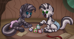 Size: 2000x1049 | Tagged: safe, artist:eltaile, oc, oc:zedaka skunkpony, oc:zerura skunkpony, hybrid, pony, skunk, skunk pony, zebra, g4, book, building blocks, colt, commission, cute, diaper, duo, equine, female, filly, foal, looking at each other, male, parents:canon x oc, paws, playing, raised tail, siblings, sitting, smiling, smiling at each other, tail, toy, twins, underhoof, zecora's hut