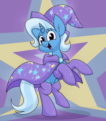 Size: 1851x2112 | Tagged: safe, artist:moonatik, trixie, pony, unicorn, g4, abstract background, brooch, cape, clothes, female, gloves, hat, jewelry, looking at you, mare, rearing, socks, solo, stars, trixie's brooch, trixie's cape, trixie's hat