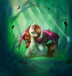 Size: 1209x1279 | Tagged: safe, oc, oc only, bat pony, butterfly, pony, collaboration, crepuscular rays, female, forest, grass, looking at you, mare, smiling, solo, sunshine, tree