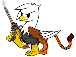 Size: 694x522 | Tagged: safe, artist:firehearttheinferno, derpibooru exclusive, oc, oc only, oc:duke, big cat, bird, eagle, griffon, tiger, fallout equestria, armor, beak, chibi, claws, food, furrowed brow, gift art, gun, metal, minimalist, orange, scope, serious, serious face, simple background, smoke, solo, stripes, tales of fallout equestria, talons, transparent background, vault boy style, weapon, wings