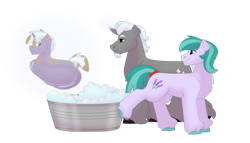 Size: 1280x732 | Tagged: safe, artist:itstechtock, oc, oc only, oc:gilded leaf, oc:lavender joy, oc:polished lance, pony, bathtub, magic, simple background, sonic the hedgehog, sonic the hedgehog (series), transparent background, wheel o feet