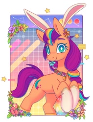 Size: 913x1199 | Tagged: safe, artist:wavecipher, sunny starscout, earth pony, pony, g5, bunny ears, cute, easter, easter bunny, female, flower, flower in hair, holiday, mane stripe sunny, mare, multicolored mane, solo, sunnybetes, white pupils