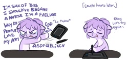 Size: 1238x577 | Tagged: safe, artist:higgly-chan, oc, oc only, oc:mio, earth pony, pony, calm, comic, crying, drawing, gibberish, purple coat, rage, screaming, simple background, solo, stylus, tablet, text, throwing, white background