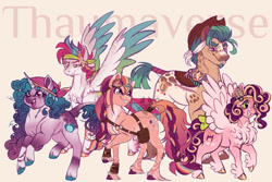 Size: 1095x730 | Tagged: safe, artist:notsosmartsmarty, hitch trailblazer, izzy moonbow, pipp petals, sunny starscout, zipp storm, earth pony, pegasus, pony, unicorn, g5, spoiler:g5, group, looking at each other, mane five, quintet, redesign, simple background, smiling, smiling at each other, text, unshorn fetlocks