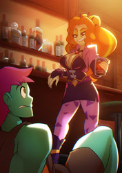 Size: 2000x2829 | Tagged: safe, artist:light262, adagio dazzle, oc, oc:protein shake, comic:we will be adored, comic:we will be adored part 16, equestria girls, absolute cleavage, alcohol, bar, bottle, breasts, busty adagio dazzle, cleavage, clothes, collar, dazzling, dominant, drink, female, gem, hairpin, intimidating, looking at each other, looking at someone, male, siren gem, smiling, smirk, standing