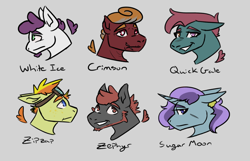 Size: 1400x900 | Tagged: safe, artist:hiddenfaithy, oc, oc only, oc:crimson, oc:quick gale, oc:sugar moon, oc:white ice, oc:zephyr, oc:zipzap, pegasus, pony, unicorn, fallout equestria, fallout equestria: uncertain ties, blind, fanfic art, heterochromia, scar, simple background, sketch