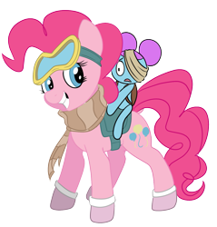 Size: 1149x1200 | Tagged: safe, artist:brainiac, pinkie pie, earth pony, pony, g4, bag, bandage, clothes, crossover, duo, dusk till dawn, fanart, female, friday night funkin', goggles, hair bun, link in description, mare, pibby, riding a pony, saddle bag, scared, scarf, simple background, smiling, socks, transparent background