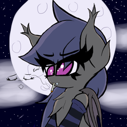 Size: 2000x2000 | Tagged: safe, artist:ponersarecute, oc, oc only, oc:night skies, bat pony, pony, bat pony oc, bust, chest fluff, cigarette, clothes, cloud, cute, ear fluff, high res, moon, night, night sky, silly face, sky, smoking, socks, solo, stars, striped socks, tooth