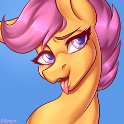 Size: 2000x2000 | Tagged: safe, artist:ellynet, scootaloo, pegasus, pony, g4, bust, high res, portrait, solo, tongue out