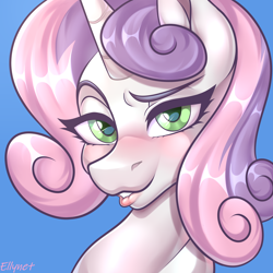 Size: 2000x2000 | Tagged: safe, artist:ellynet, sweetie belle, pony, unicorn, g4, blue background, bust, dreamworks face, grin, high res, looking at you, portrait, signature, simple background, smiling, smiling at you, solo