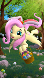 Size: 2160x3840 | Tagged: safe, artist:owlpirate, fluttershy, pegasus, pony, g4, 3d, 4k, basket, bunny ears, cute, easter basket, easter egg, female, floppy ears, flying, high res, looking at you, mare, shyabetes, solo, source filmmaker, sunlight