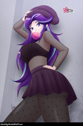 Size: 527x800 | Tagged: safe, alternate version, artist:clouddg, starlight glimmer, human, g4, bubblegum, clothes, female, food, gum, human coloration, humanized, looking at you, multiple variants, pantyhose, solo