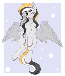 Size: 1548x1790 | Tagged: safe, artist:vetta, oc, oc only, oc:storm cloud river's, pegasus, pony, :p, belly, female, flower, flower in hair, freckles, mare, one eye closed, partially open wings, simple background, solo, tongue out, wings, wink