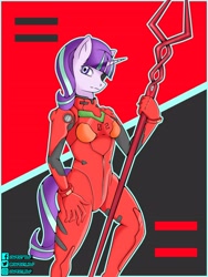 Size: 2096x2794 | Tagged: safe, artist:papery xlp, starlight glimmer, unicorn, anthro, g4, clothes, cosplay, costume, eyepatch, high res, lance of longinus, neon genesis evangelion, plugsuit, solo, souryuu asuka langley