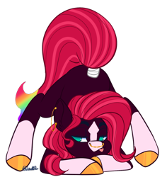 Size: 1188x1260 | Tagged: safe, alternate character, alternate version, artist:wicked-red-art, oc, oc only, oc:painted lilly, earth pony, pony, :p, bedroom eyes, commission, ear piercing, earring, face down ass up, jack-o challenge, jewelry, markings, meme, nonbinary, nose piercing, nose ring, piercing, simple background, solo, tail, tail wrap, tongue out, transparent background, unshorn fetlocks, ych result