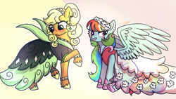 Size: 1600x900 | Tagged: safe, artist:sunniesfunthecupcake, applejack, rainbow dash, earth pony, pegasus, pony, g4, alternate hairstyle, applejack also dresses in style, blushing, clothes, cute, dashabetes, dress, duo, embarrassed, female, floral head wreath, flower, jackabetes, mare, rainbow dash always dresses in style, tomboy taming