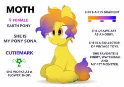 Size: 2064x1457 | Tagged: safe, artist:mochi_nation, oc, oc only, oc:moth, earth pony, pony, female, gradient mane, mare, reference sheet, simple background, sitting, solo, white background