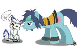 Size: 1000x600 | Tagged: safe, artist:hintomikto, oc, oc only, earth pony, pony, wolf, clothes, duo, earth pony oc, male, simple background, stallion, talking, transparent background