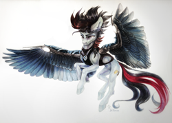 Size: 5239x3745 | Tagged: safe, artist:mithriss, oc, oc only, oc:#, pony, cybernetic wings, ear piercing, earring, female, flying, jewelry, landing, pencil drawing, piercing, solo, traditional art, watercolor painting, wings
