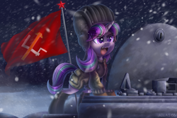 Size: 2457x1642 | Tagged: safe, artist:atlas-66, starlight glimmer, pony, unicorn, collaboration:choose your starlight, g4, anime, clothes, collaboration, crossover, cute, cute little fangs, fangs, female, flag pole, girls und panzer, glimmerbetes, hammer and sickle, hat, mare, military, military uniform, purple eyes, russia, russian hat, s5 starlight, solo, soviet union, stalin glimmer, t-34, t-34/85, tank (vehicle), uniform, ushanka, wrong eye color