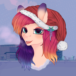 Size: 1520x1520 | Tagged: safe, artist:77jessieponygames77, oc, oc only, earth pony, pony, building, bust, christmas, earth pony oc, eyelashes, female, hat, holiday, mare, open mouth, outdoors, santa hat, smiling, solo