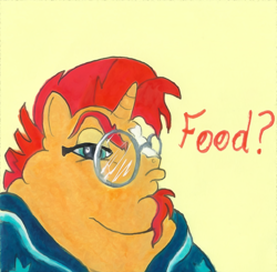 Size: 884x868 | Tagged: safe, artist:white-eyed vireo, derpibooru exclusive, sunburst, pony, unicorn, g4, bhm, chubby cheeks, dialogue, double chin, fat, fat face, fetish, glasses, male, meme, morbidly obese, neck roll, obese, question, raised eyebrow, sunblob, traditional art, triple chin