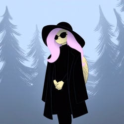 Size: 2048x2048 | Tagged: safe, artist:katputze, fluttershy, pegasus, anthro, g4, clothes, coat, female, forest, hands together, hat, high res, mare, solo, sunglasses